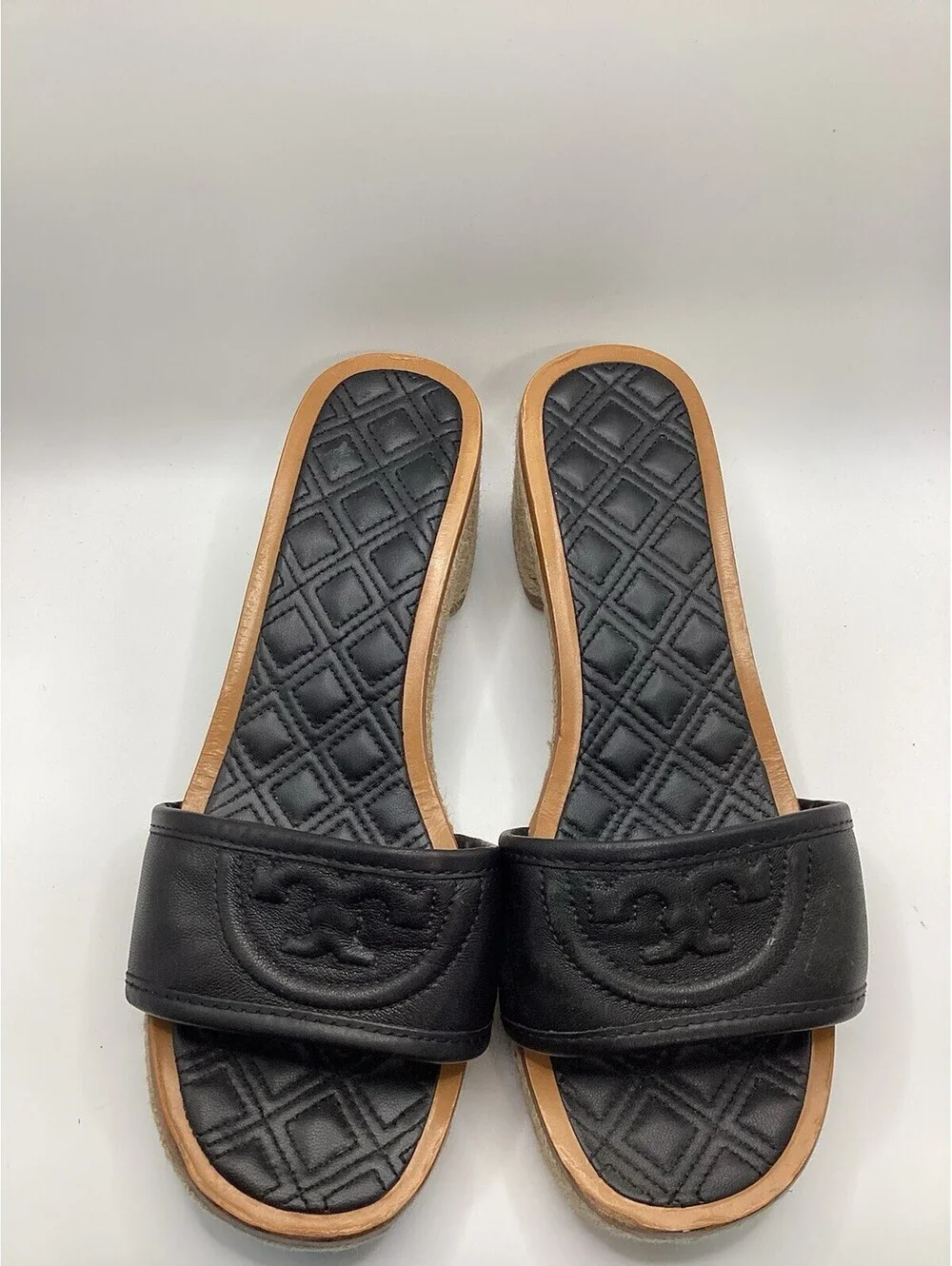 TORY BURCH Quilted Fleming Woven Wedge Espadrille Sandal Size 8.5 Black Leather